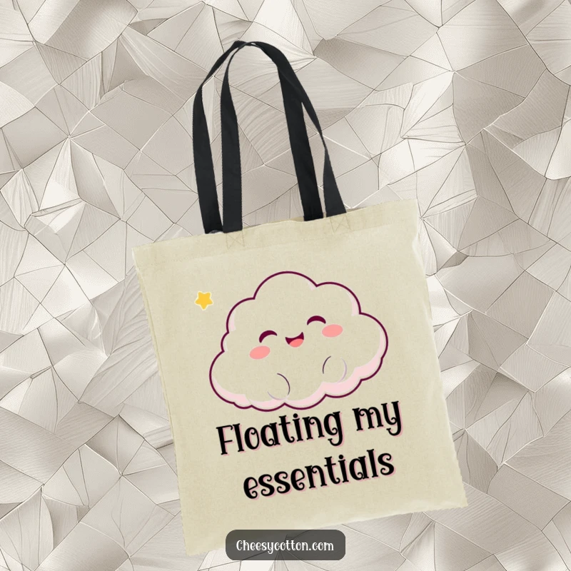 Funny Kawaii Cloud Tote Bag: A cute, smiling cloud character giggling while floating, perfect for carrying daily essentials with style.