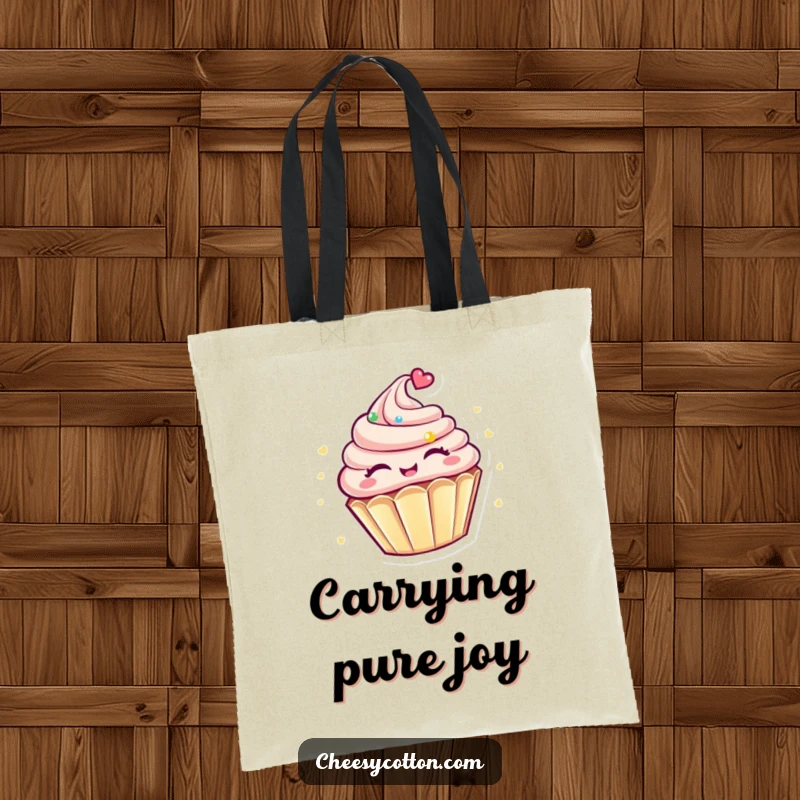 Funny Kawaii Cupcake Tote Bag: A cute, spinning cupcake character carrying groceries with happy, closed eyes, perfect for a fun shopping trip.
