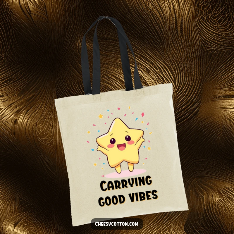 Funny Tote Bag with a cute kawaii star character joyfully throwing confetti, a cheerful and practical accessory for celebrations.