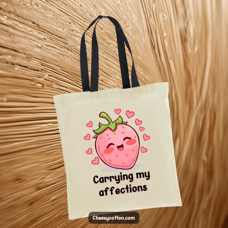 Funny kawaii strawberry juggling hearts on a durable tote bag, perfect for shopping and spreading love.