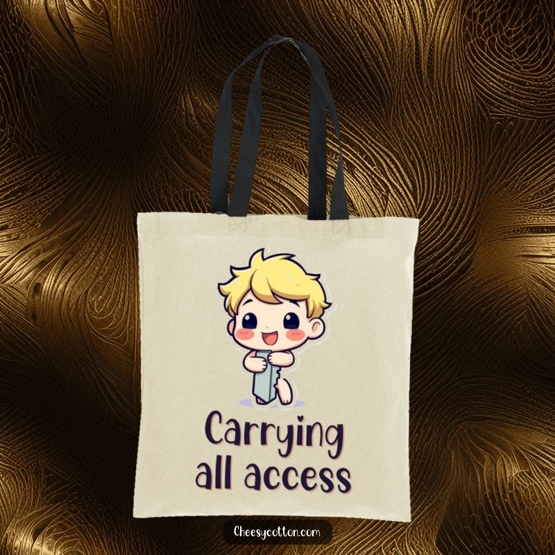 Funny tote bag featuring a happy key character cheerfully turning itself, perfect for carrying items with a humorous touch.
