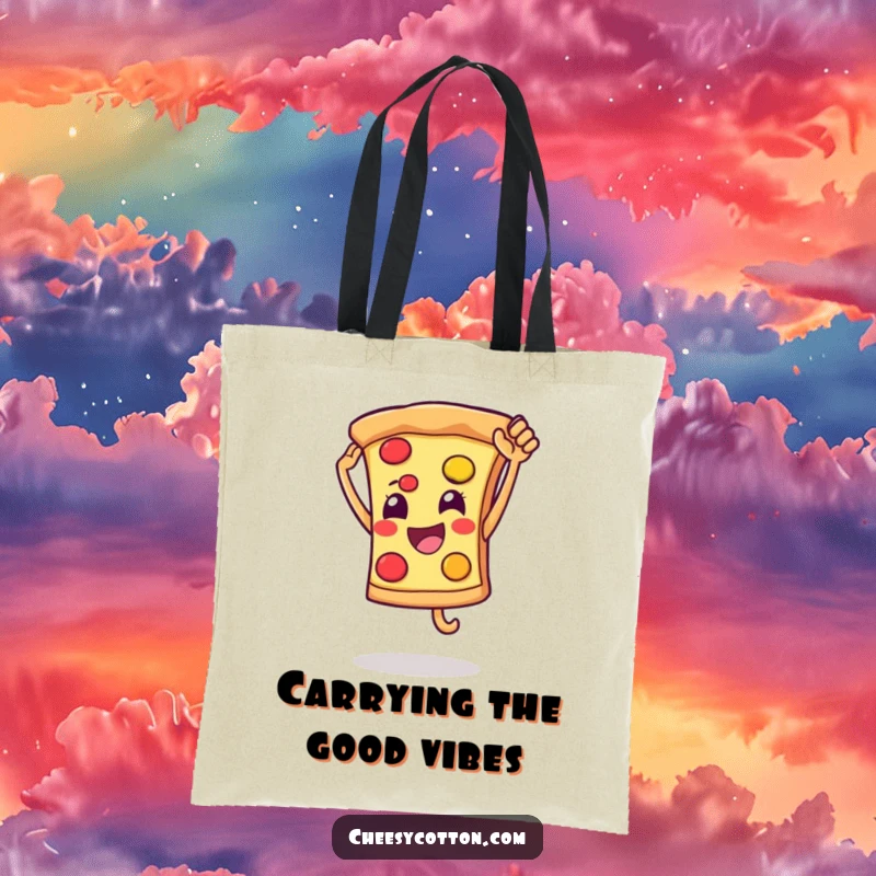 Funny tote bag showcasing a smiling pizza slice character leaping for a high five, ideal for stylish and cheerful errands.