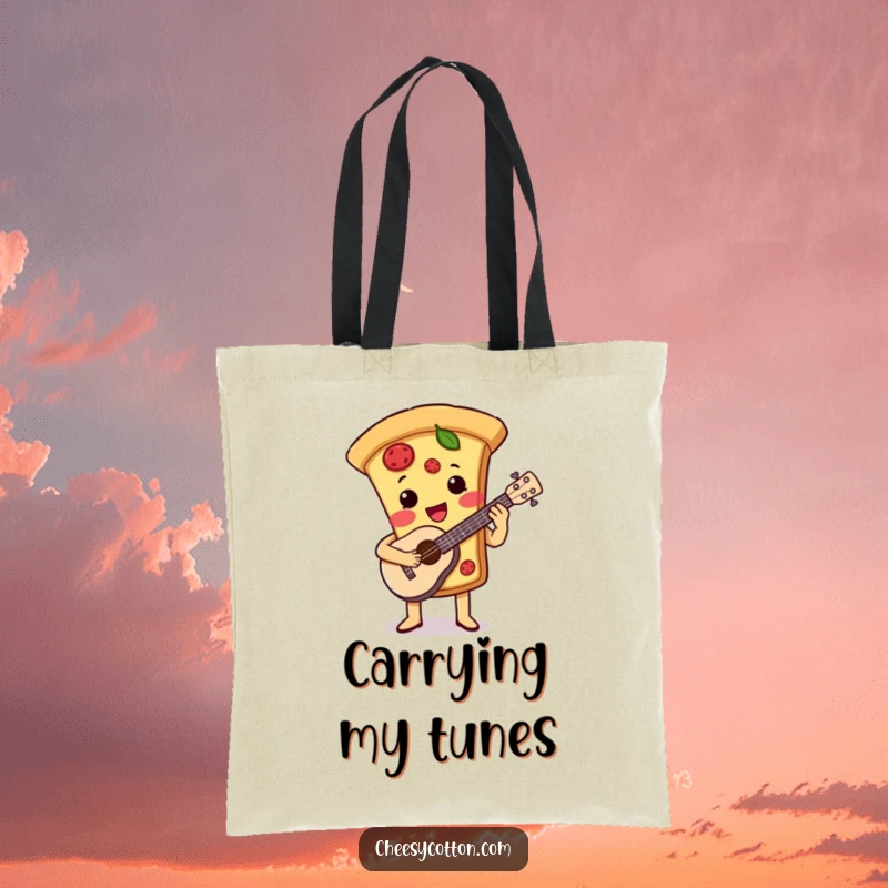 Funny tote bag featuring a cute pizza slice character playing a ukulele, perfect for carrying essentials with a musical twist.