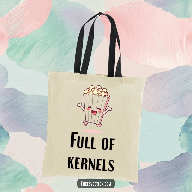 Funny tote bag featuring a cheerful popcorn bag character joyfully leaping, ideal for carrying snacks.