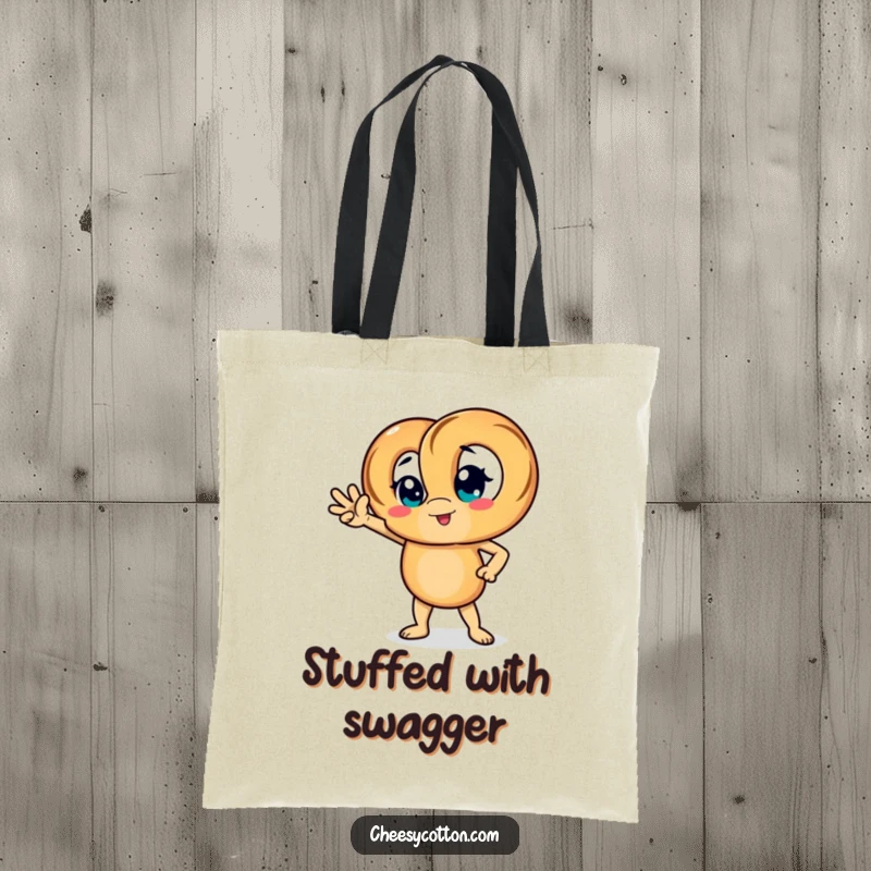 Funny tote bag featuring a pretzel character striking a powerful pose, ideal for carrying daily items.