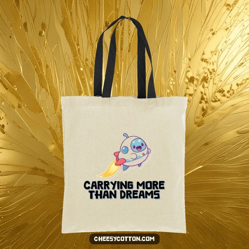 Funny tote bag showcasing an excited, tiny spaceship character with a shimmering trail, ideal for carrying groceries with humor.