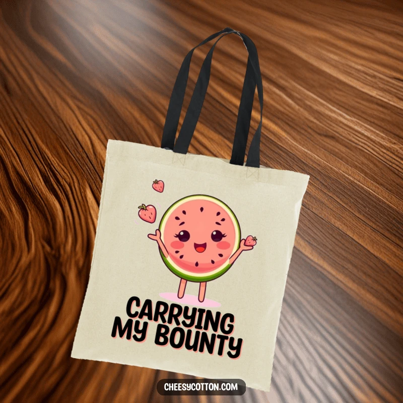 Funny tote bag featuring a delighted watermelon slice character expertly juggling small, colorful fruits, a portable piece of joy.