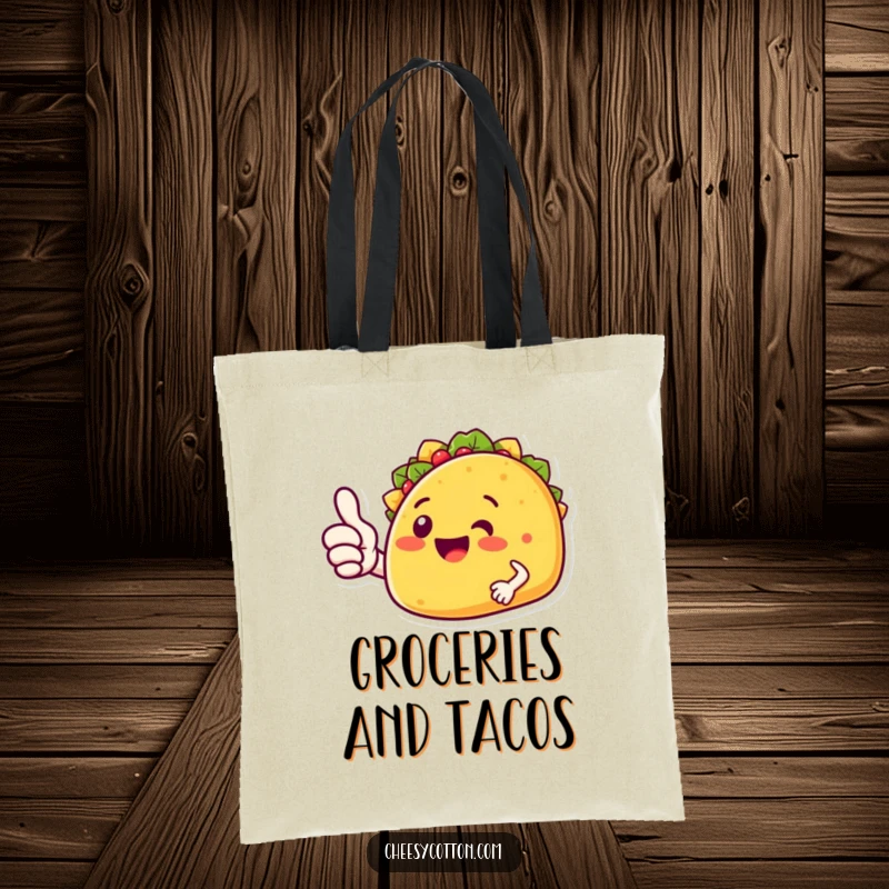Funny taco character giving a thumbs up, printed on a durable tote bag for a humorous and festive accessory.
