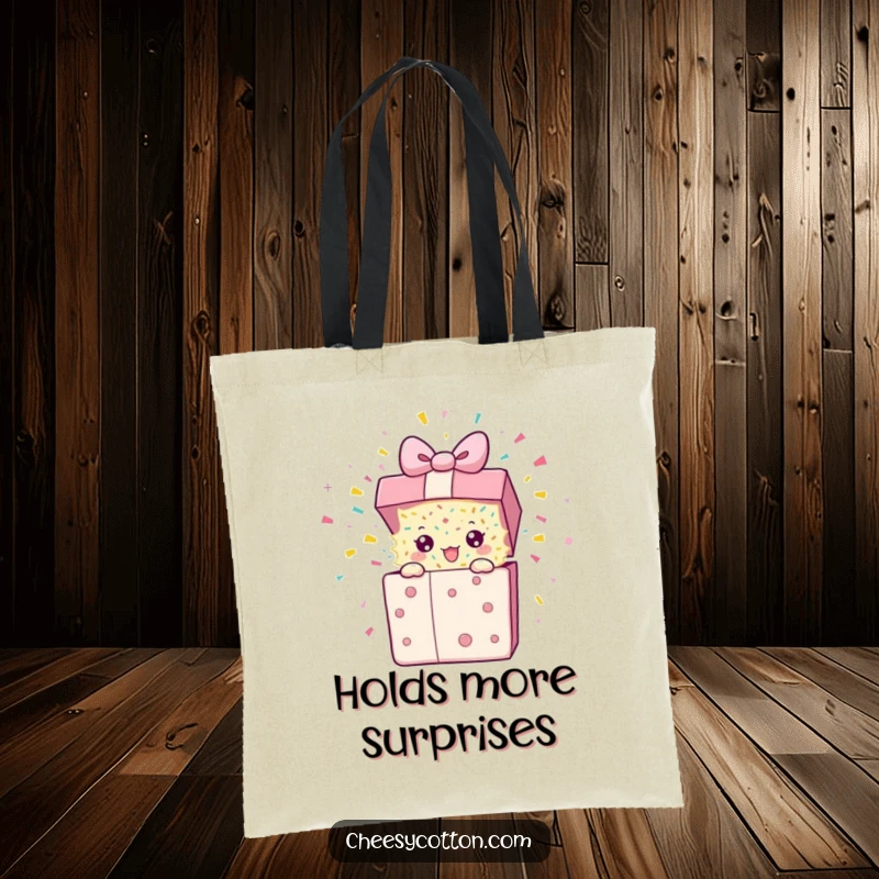 Funny Tote Bag showcasing an energetic present character about to burst with confetti, ideal for carrying gifts and joy.