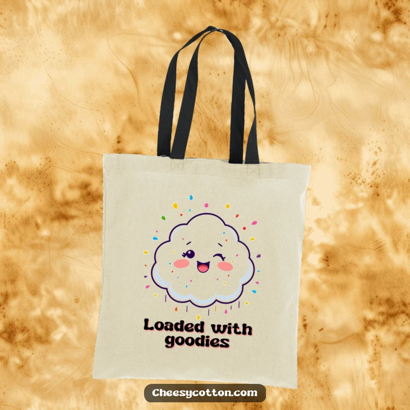 Funny Tote Bag with a giggling cloud character raining colorful sprinkles, perfect for carrying items with a sweet and cheerful design.