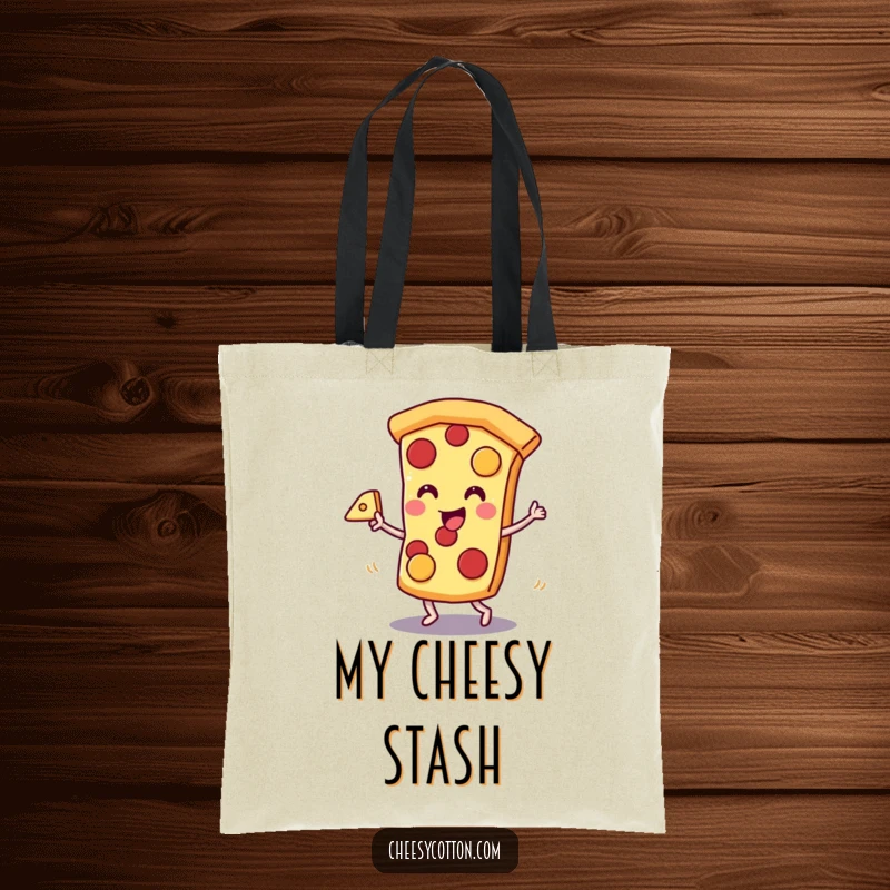 Funny kawaii pizza slice character dancing joyfully with a piece of cheese, on a stylish tote bag, ideal funny gift.